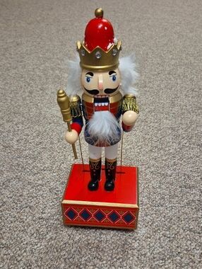 Classic Red Nutcracker Figurine with Gold Crown Musical Wind Up Box